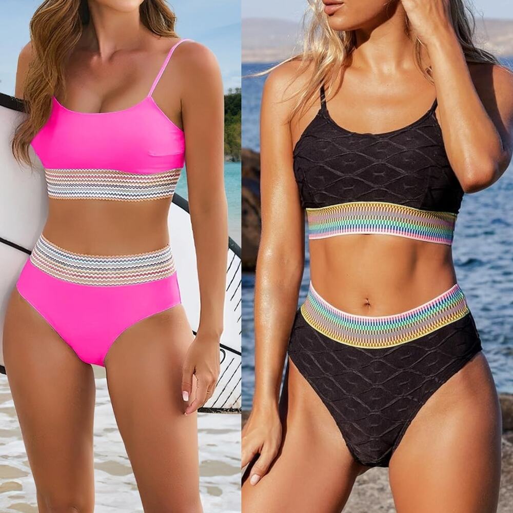 Cupshe Neon Pink & Black High Waist Bikini Set with Rainbow Trim